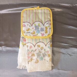 VTG Corning Potholder Towel Set Pastel Bouquet Floral Stripes Yellow Pink Blue